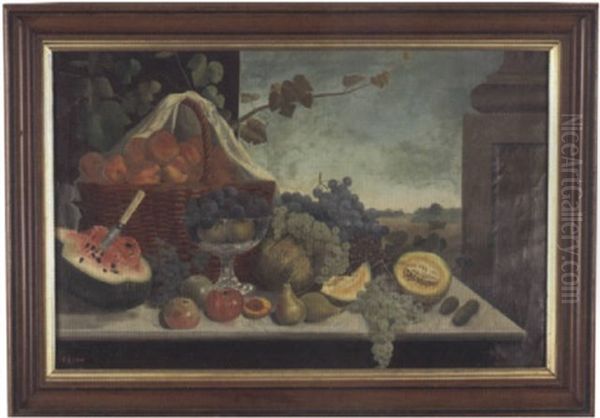 Still Life Of Table Laden With Fruit, Basket And Compote With Landscape Background Oil Painting by Charles Harry Eaton