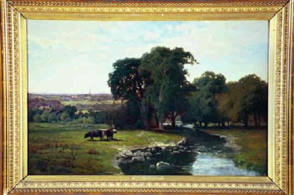 River Landscape With Distant Town Oil Painting by Charles Harry Eaton