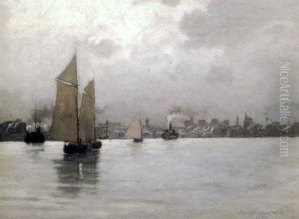 Sailing Vessels In A Harbor Oil Painting by Charles Warren Eaton