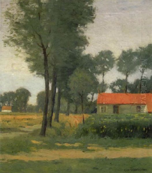 A Flemish Farm Oil Painting by Charles Warren Eaton