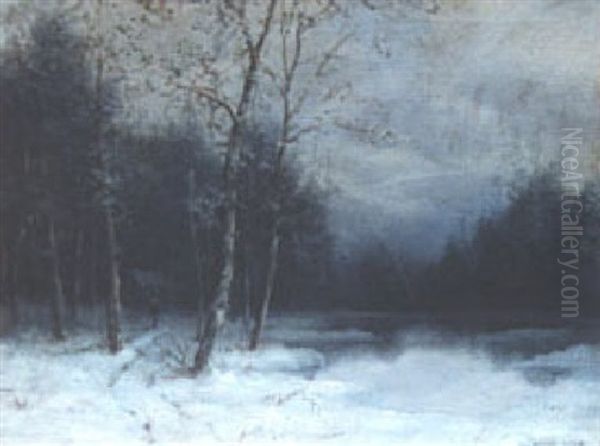 Figure By A Pond In Winter Oil Painting by Charles Warren Eaton