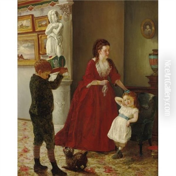 Mother And Children In An Interior Oil Painting by Joseph O. Eaton