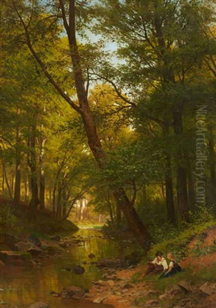 Forest Landscape With Children Playing By A S Oil Painting by Fritz Ebel