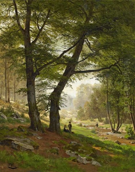 Kinder Auf Einer Lichtung Am Waldbach Oil Painting by Fritz Ebel