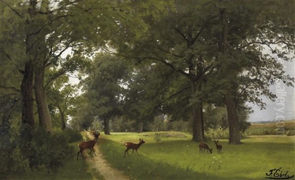 Vier Rehe Am Waldrand Oil Painting by Fritz Ebel