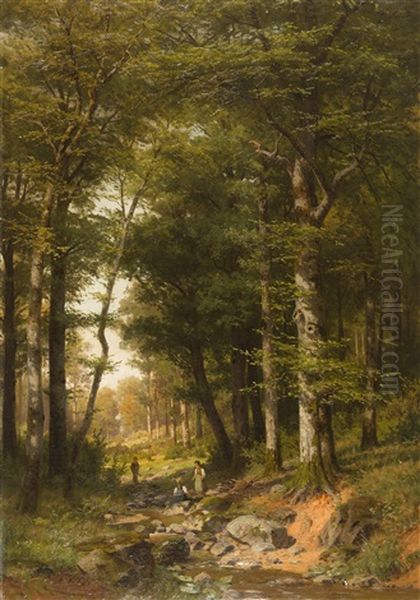 Spielende Kinder Im Wald Oil Painting by Fritz Carl Werner Ebel