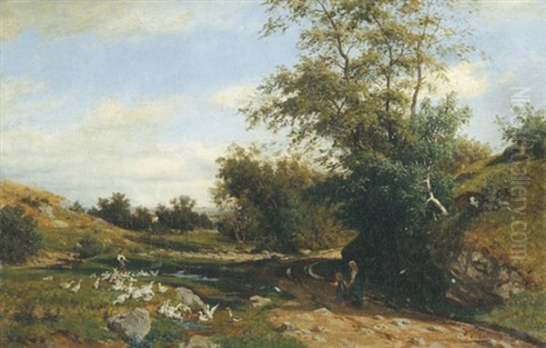 Landschaft Mit Gansemagd Und Kindern Auf Einem Waldweg Oil Painting by Fritz Carl Werner Ebel