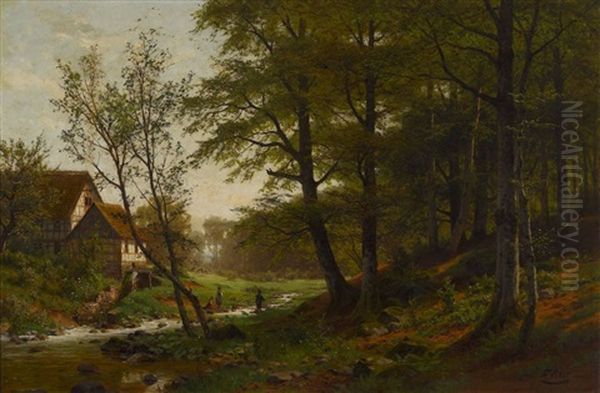 Waldlandschaft Mit Bachlauf Und Bauernhaus Oil Painting by Fritz Carl Werner Ebel