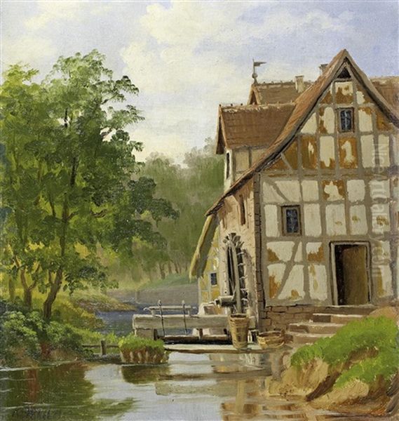 Kleine Wassermuhle Oil Painting by Fritz Carl Werner Ebel