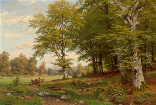 Bewaldete Landschaft Mit Einem Pferdefuhrwerk Oil Painting by Fritz Carl Werner Ebel