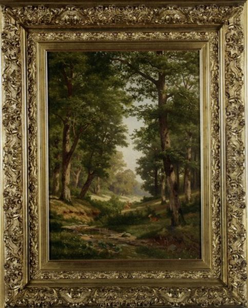 Sprung Rehe Auf Sonnendurchfluteter Waldlichtug Mit Bachlauf Oil Painting by Fritz Carl Werner Ebel