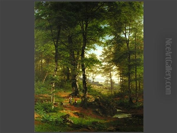 Pilzsammlerinnen Am Waldrand Vor Tiefer Landschaft Oil Painting by Fritz Carl Werner Ebel