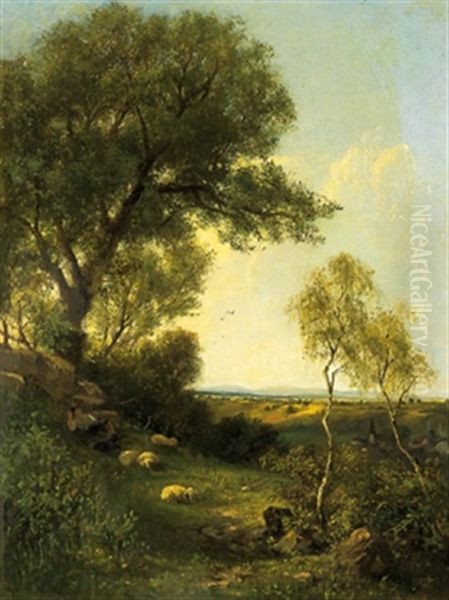 Weite Landschaft Mit Schafen Im Vordergrund Oil Painting by Fritz Carl Werner Ebel