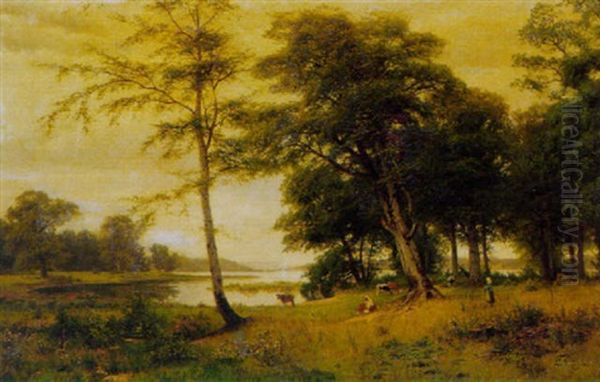 Bewaldetes Seeufer Mit Weidenden Kuhen Oil Painting by Fritz Carl Werner Ebel