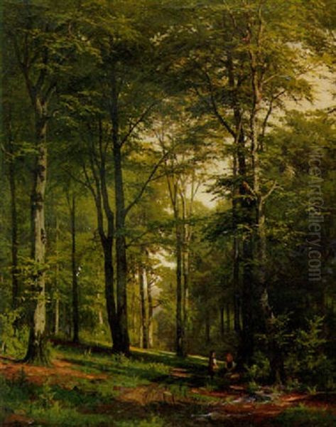 Birkenwald Mit Kleinen Pilzsammlerinnen Oil Painting by Fritz Carl Werner Ebel