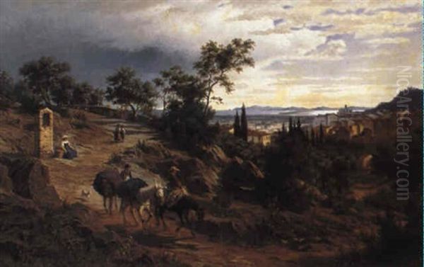 Reisende In Sudlicher Kustenlandschaft Oil Painting by Fritz Carl Werner Ebel