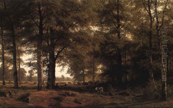 Eine Bewaldete Landschaft Mit Einem Kuhhirten Und Seiner Herde Oil Painting by Fritz Carl Werner Ebel