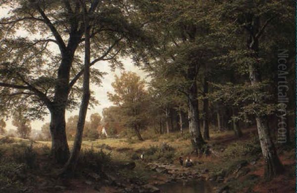 Children Playing By A Woodland Stream Oil Painting by Fritz Carl Werner Ebel