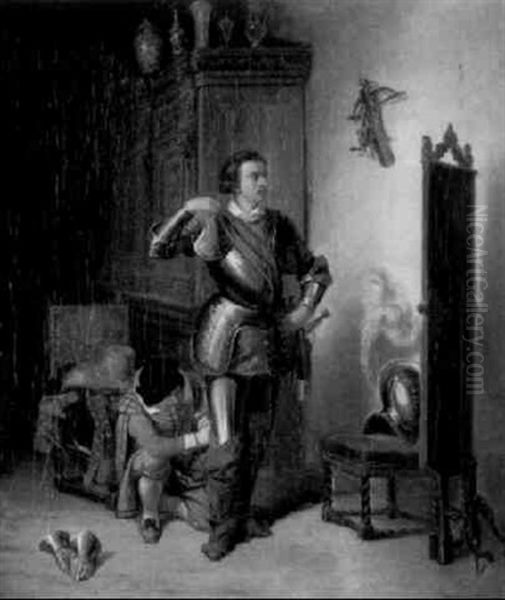 In Einem Interieur Des 17. Jahrhunderts Legt Ein Englischer Adliger Seine Rustung An by Johann Jakob Eberhardt