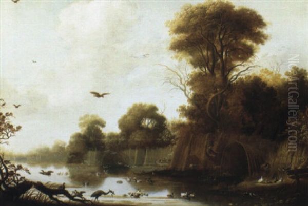 Ducks By A Decoy In A River Landscape Oil Painting by Johann Jakob Eberhardt