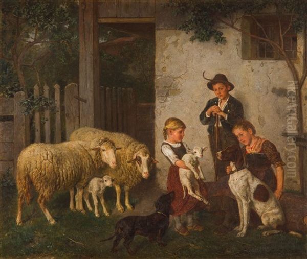 Children With Rams And Dogs Oil Painting by Adolf Eberle