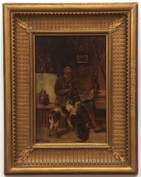 Interior Scene With Man And Dogs Oil Painting by Adolf Eberle