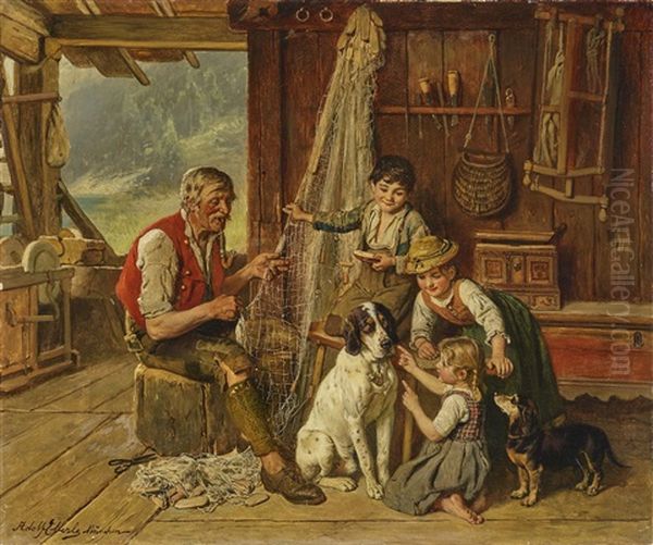 Scene With Grandfather Oil Painting by Adolf Eberle