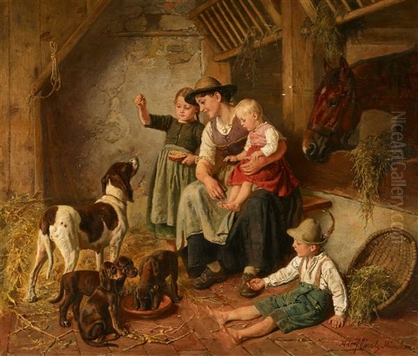 Mother And Child In A Stable Oil Painting by Adolf Eberle