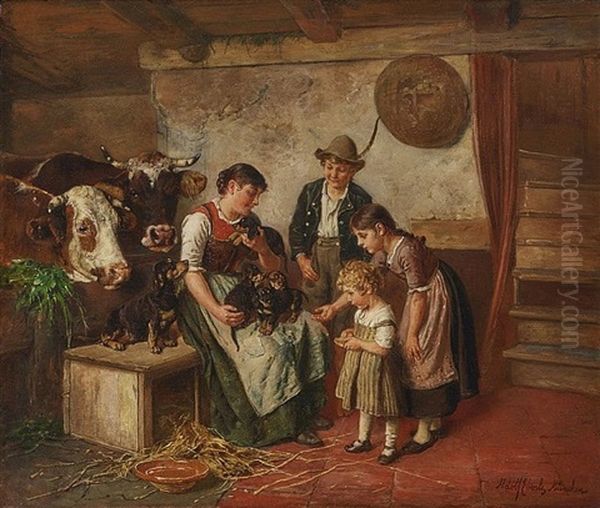 Besuch Bei Der Dackelfamilie Oil Painting by Adolf Eberle