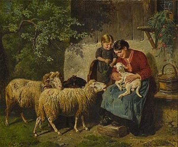 Bauerin Mit Kind Und Schafen Vor Dem Haus Oil Painting by Adolf Eberle