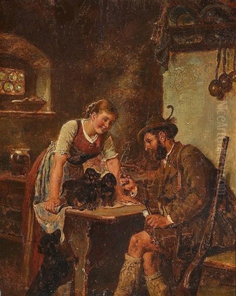 Jager Und Dirndl Mit Dackelfamilie Oil Painting by Adolf Eberle