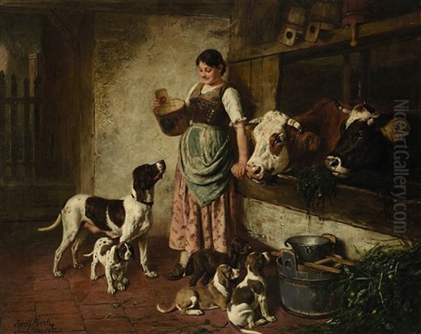 Dirndl Im Kuhstall Mit Hund Und Welpen Oil Painting by Adolf Eberle