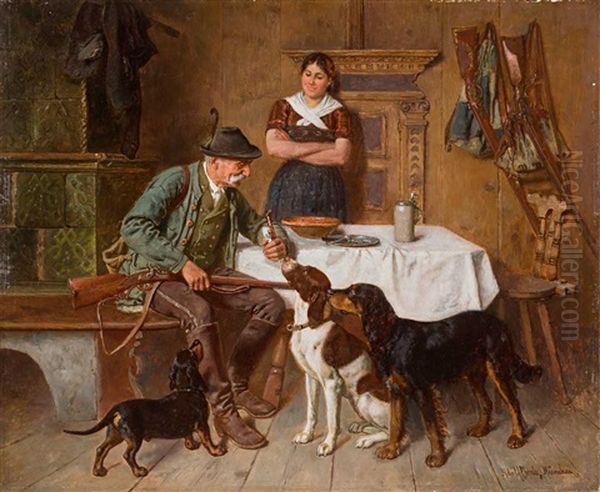 Jager Mit Seinen Drei Hunden Und Feschem Dirndl In Der Stube Oil Painting by Adolf Eberle