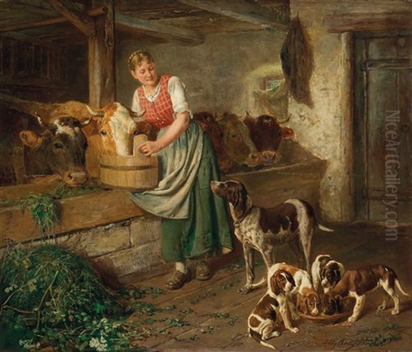 Die Stolze Hundemutter Oil Painting by Adolf Eberle