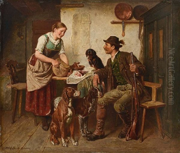 Dirndl Und Jager Bei Der Brotzeit Oil Painting by Adolf Eberle