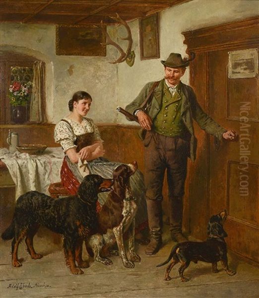 Aufbruch Zur Jagd: Dirndl Und Jager Mit Seinen Drei Jagdhunden In Der Stube Oil Painting by Adolf Eberle