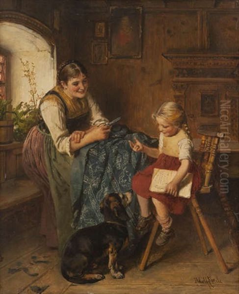 Scene De Famille Avec Jeune Mere, Enfant Et Chien Oil Painting by Adolf Eberle