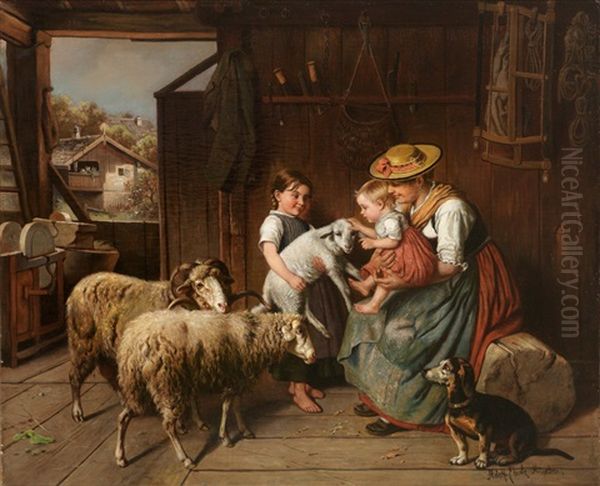 Landliches Idyll; Mutter Mit Ihren Kindern Bei Den Schafen In Der Scheune. Reizendes Genre Oil Painting by Adolf Eberle