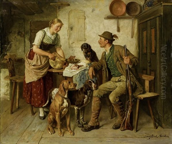 Besuch Des Jagers Oil Painting by Adolf Eberle