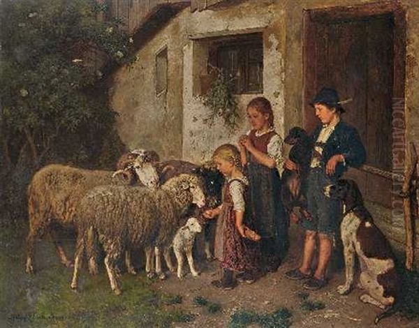 Drei Kinder Mit Schafen Vor Der Stalltur Oil Painting by Adolf Eberle