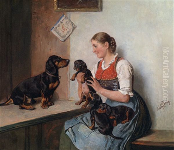 Bewunderte Dackelwelpen Oil Painting by Adolf Eberle