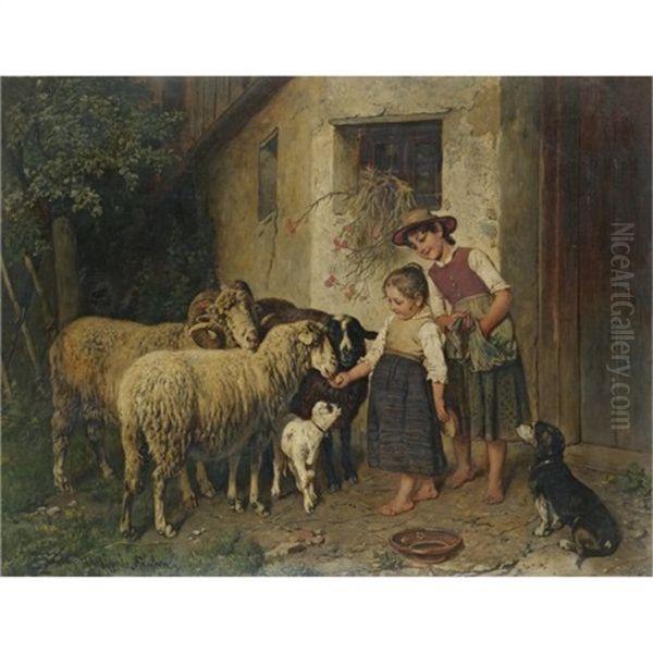 Bei Den Schafen-feeding The Sheep Oil Painting by Adolf Eberle