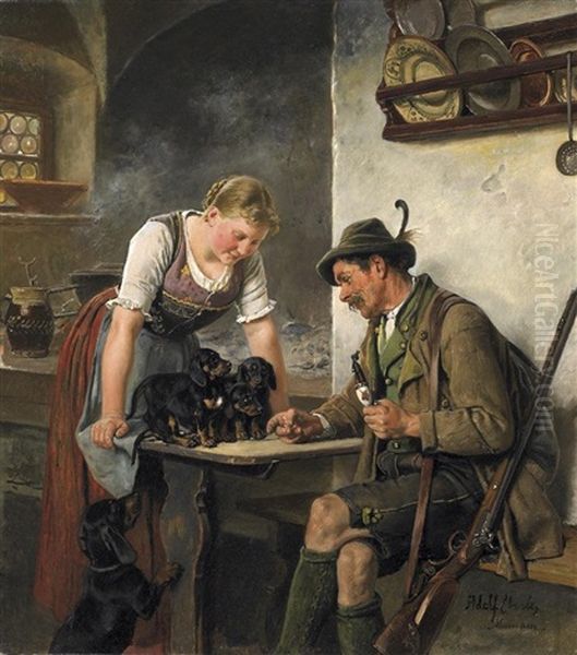 Die Magd Prasentiert Ihre Welpen Oil Painting by Adolf Eberle