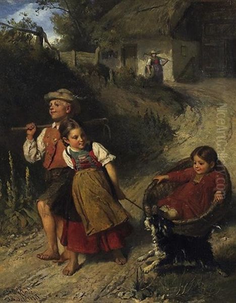 Spielende Bauernkinder Auf Dem Weg Zum Feld Oil Painting by Adolf Eberle