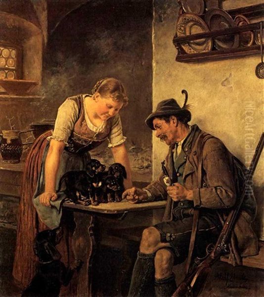 Ein Wurf Jagdhunde Wird Vom Kenner Begutachtet Oil Painting by Adolf Eberle