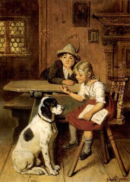 Ein Bub Und Ein Madchen Mit Einem Grossen Hund In Bauerlichem Interieur Oil Painting by Adolf Eberle