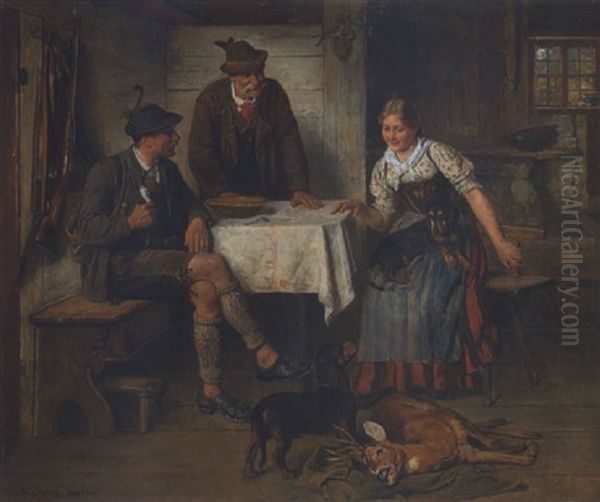 Dirndl Und Zwei Jager In Der Bauernstube Oil Painting by Adolf Eberle