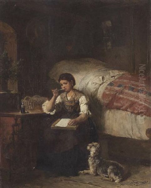 Dirndl Schreibt In Der Stube Einen Liebesbrief Oil Painting by Adolf Eberle