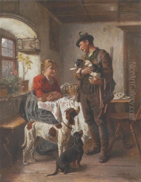 Junges Paar In Der Stube Mit Jagdhunden Oil Painting by Adolf Eberle