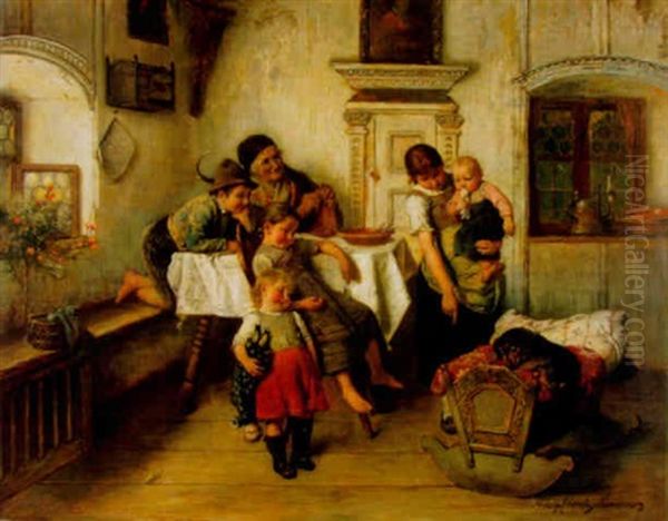 Interieur Mit Grossmutter Und Kindern Oil Painting by Adolf Eberle